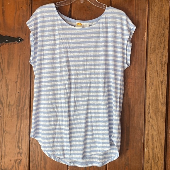 C & C California Linen Short Sleeved Pale Blue White Stripe Scoop Neck T Shirt L - Picture 1 of 5